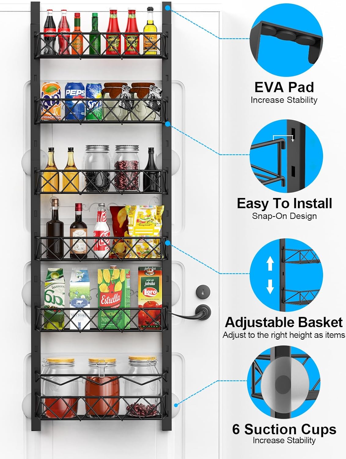 CARLA HOME 6 Tier Adjustable Baskets Over Door Pantry Organiser for Home Kitchen-1978962250148483074