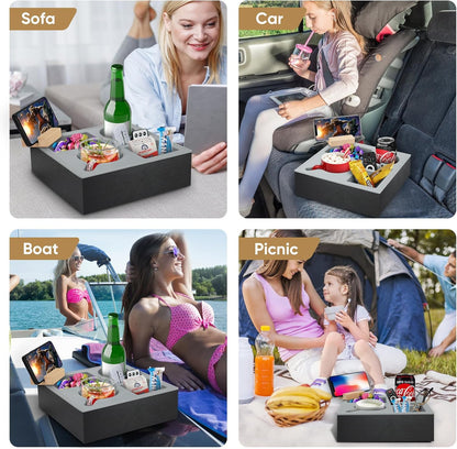 CARLA HOME Wooden Couch Cup Holder Tray with Soft Silicone & Rotatable Phone Holder for Storaging Drinks & Snacks-1978962250844737542