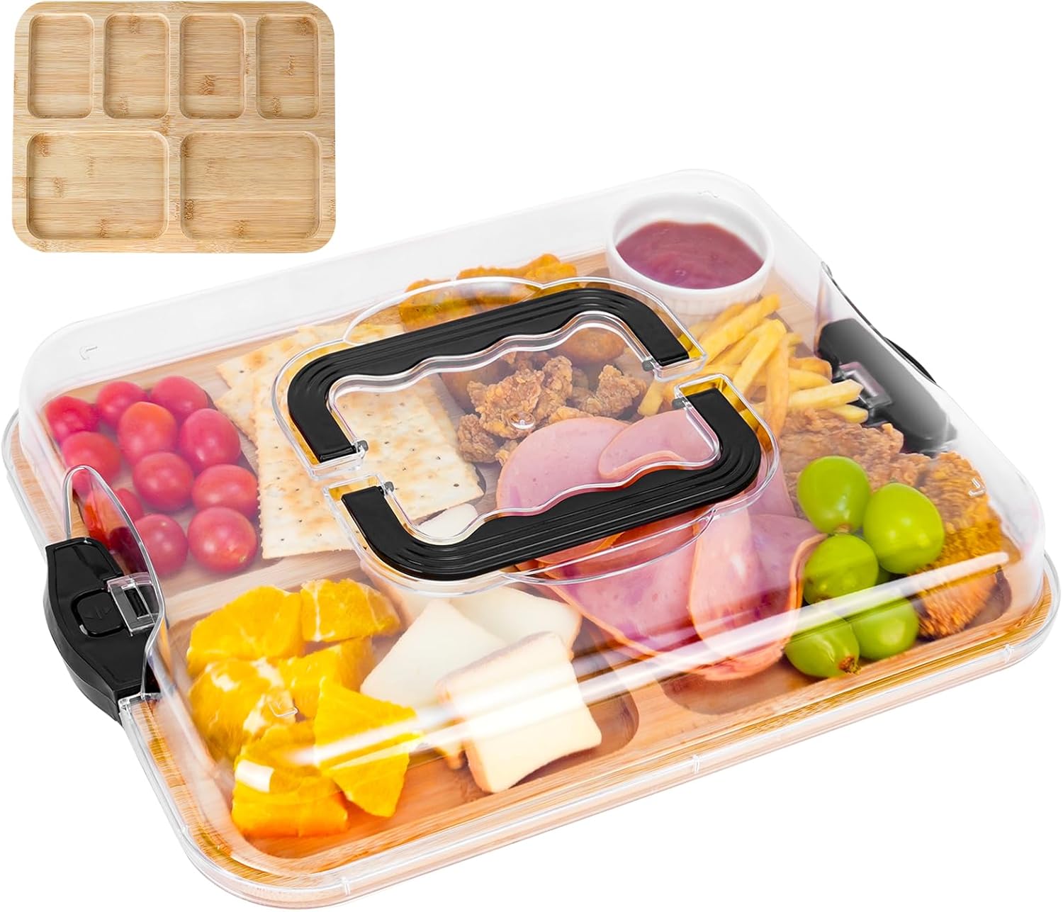 CARLA HOME Bamboo Charcuterie Board with Lid & Handle ideal Gift for Kitchen, Party & Picnic (6 Compartments)-1978962252384047104