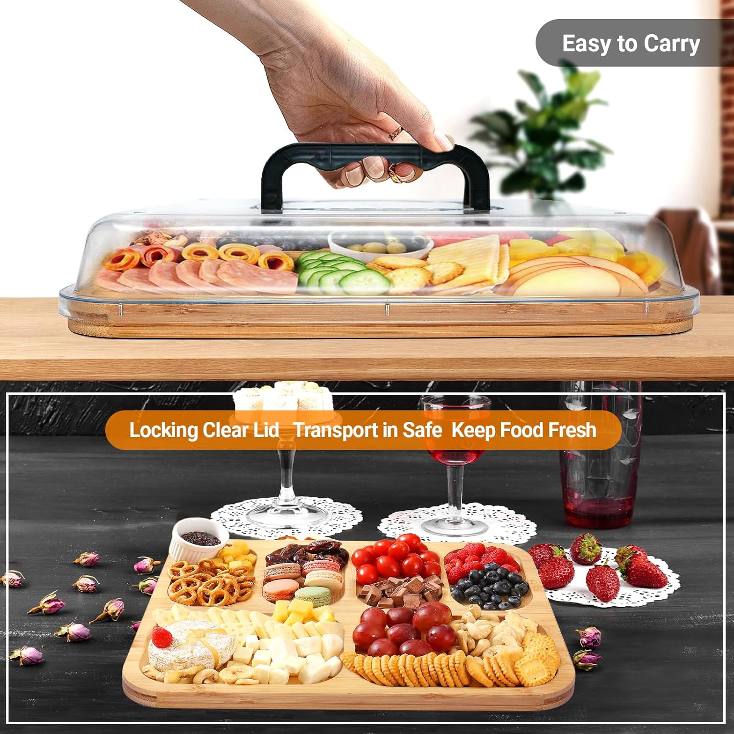 CARLA HOME Bamboo Charcuterie Board with Lid & Handle ideal Gift for Kitchen, Party & Picnic (6 Compartments)-1978962252384047105
