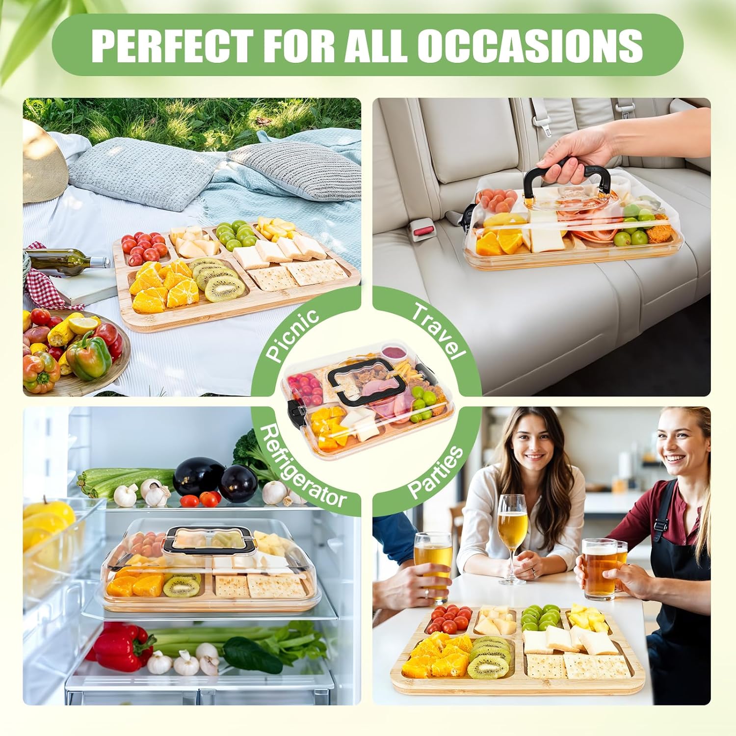 CARLA HOME Bamboo Charcuterie Board with Lid & Handle ideal Gift for Kitchen, Party & Picnic (6 Compartments)-1978962252384047111