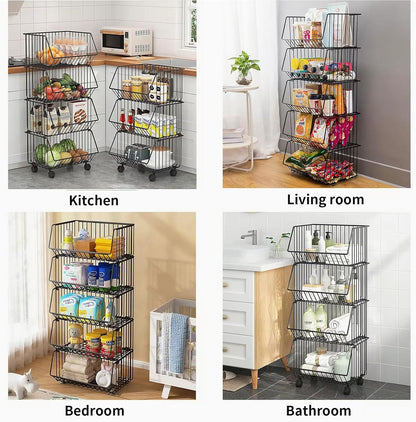 CARLA HOME Metal 5-Tier Rolling Vegetable and Fruit Basket Cart Stand for Kitchen-1978962252740562946