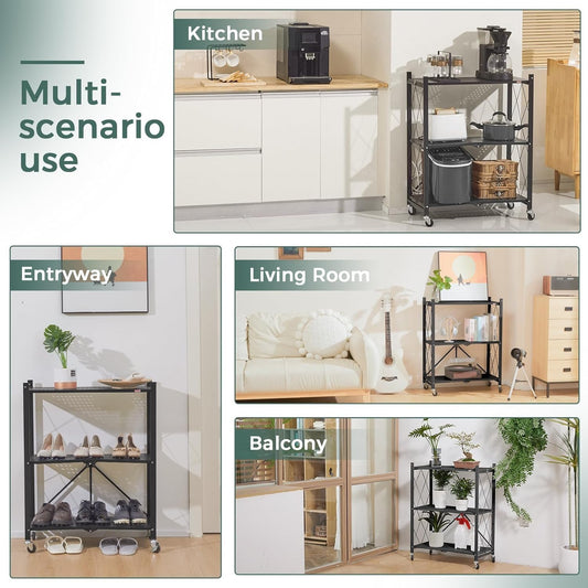 CARLA HOME 3-Tier Foldable Storage Shelf with Wheels for Kitchen, Garage, Pantry or Basement (Black)-1978962252908335105