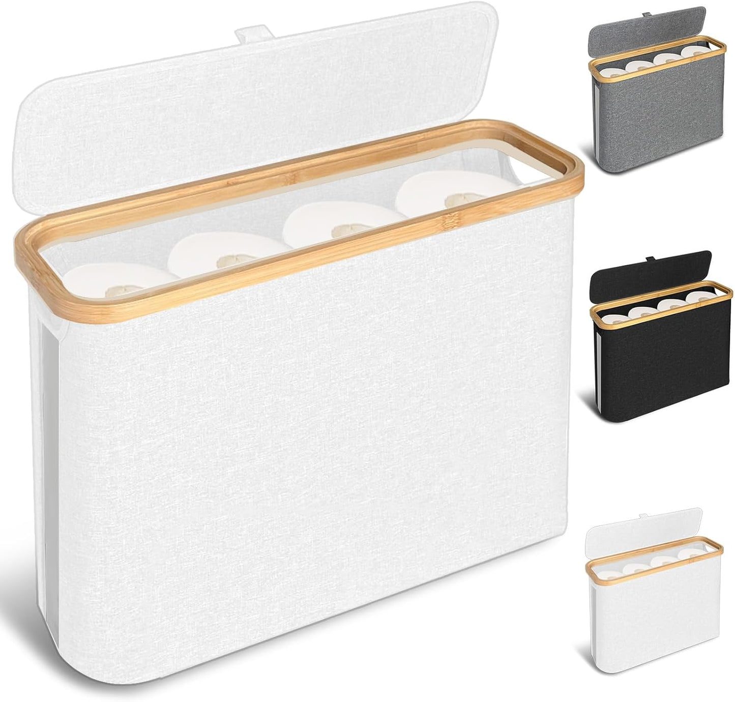 CARLA HOME Toilet Paper Storage Basket Holds Up to 12 Rolls with Bamboo Lid and Handle for RV Closet (White)-1978962254116294656