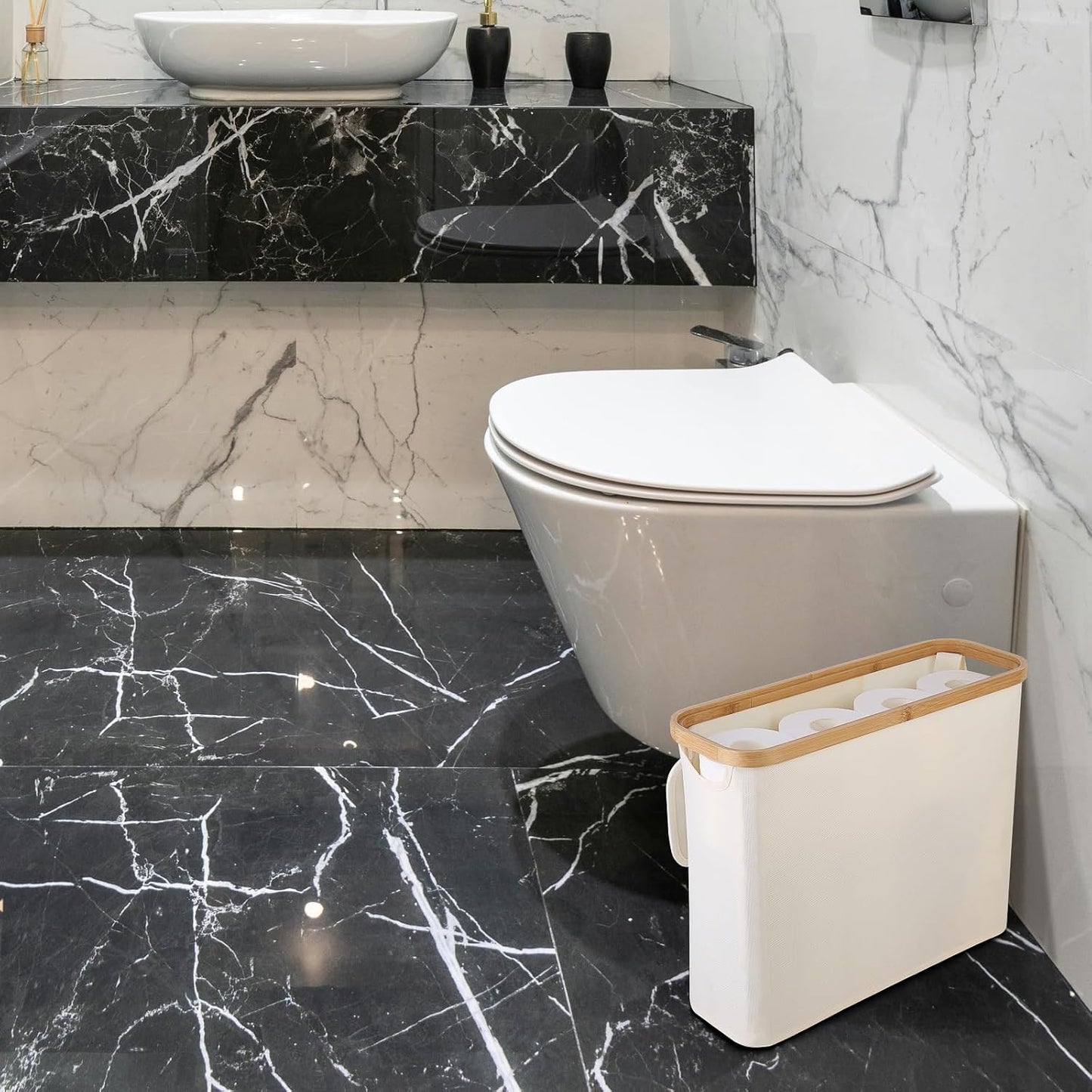 CARLA HOME Toilet Paper Storage Basket Holds Up to 12 Rolls with Bamboo Lid and Handle for RV Closet (White)-1978962254116294657