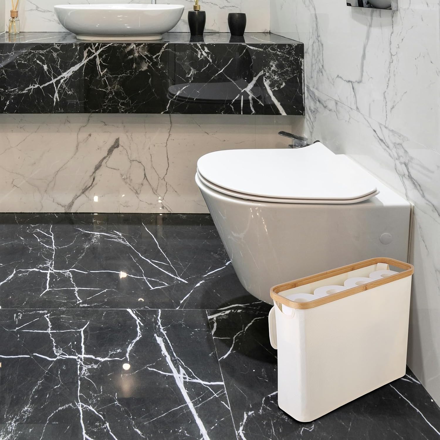 CARLA HOME Toilet Paper Storage Basket Holds Up to 12 Rolls with Bamboo Lid and Handle for RV Closet (White)-1978962254116294657