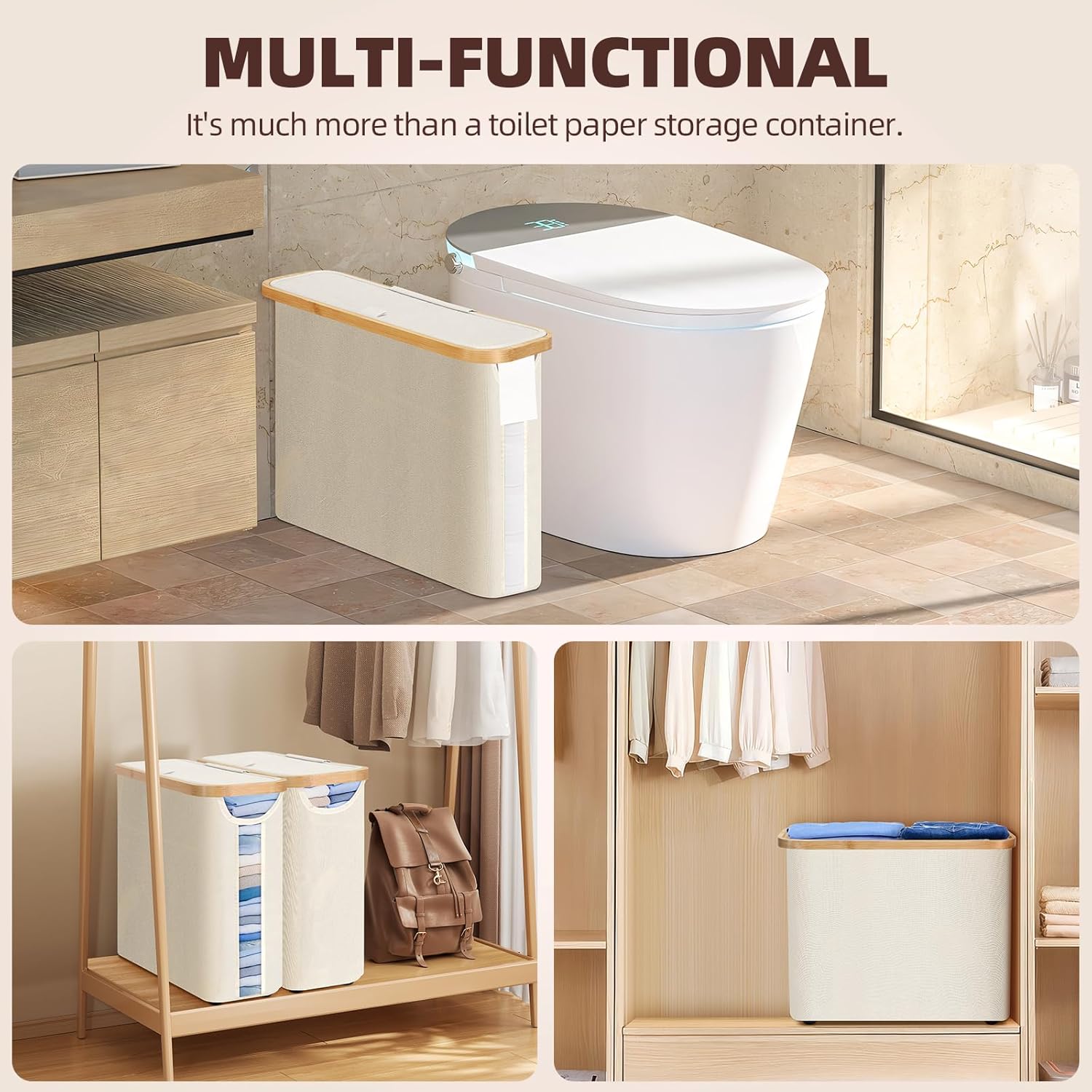 CARLA HOME Toilet Paper Storage Basket Holds Up to 12 Rolls with Bamboo Lid and Handle for RV Closet (White)-1978962254116294663