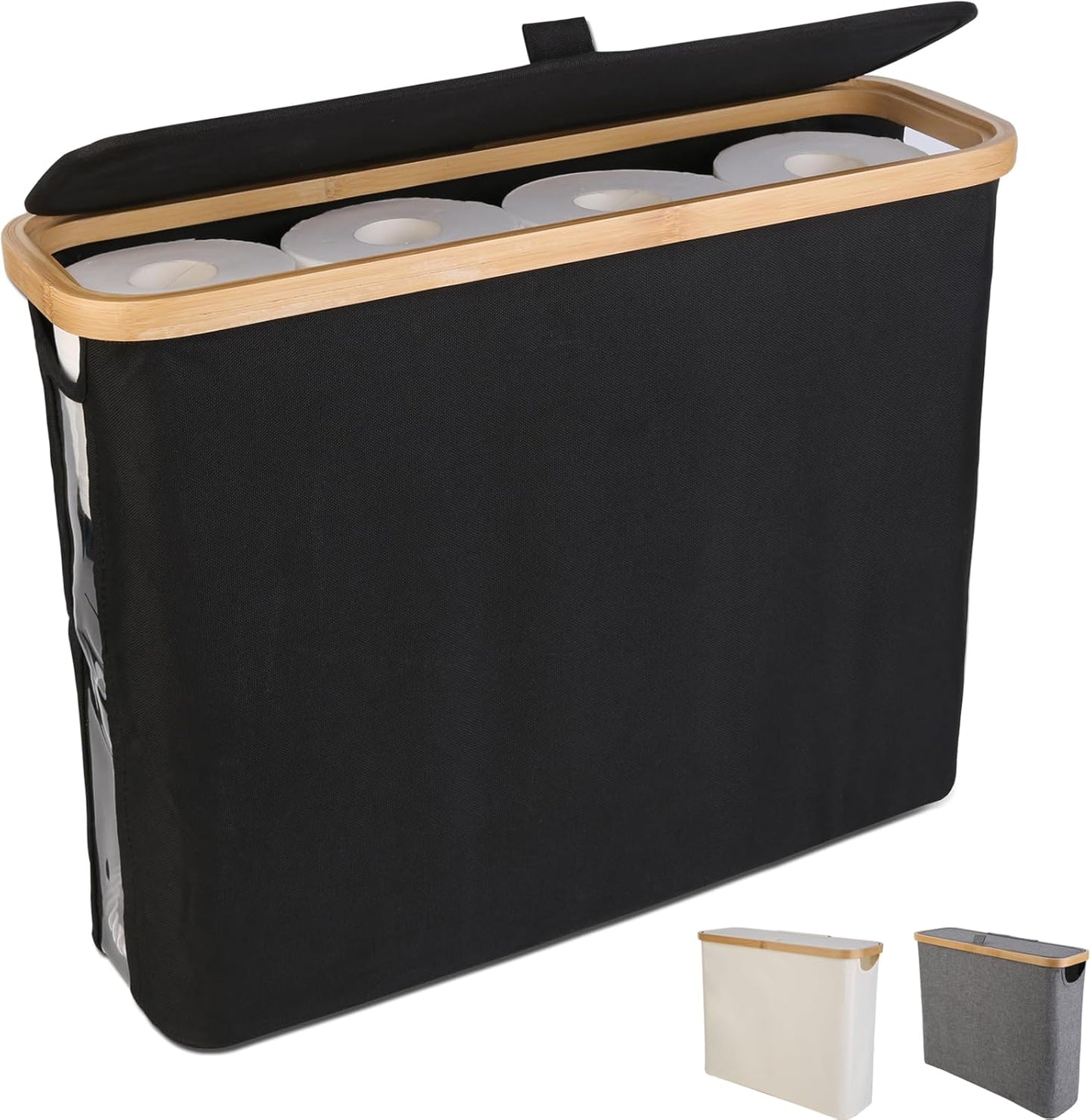 CARLA HOME Toilet Paper Storage Basket Holds Up to 12 Rolls with Bamboo Lid and Handle for RV Closet (Black)-1978962254300844032
