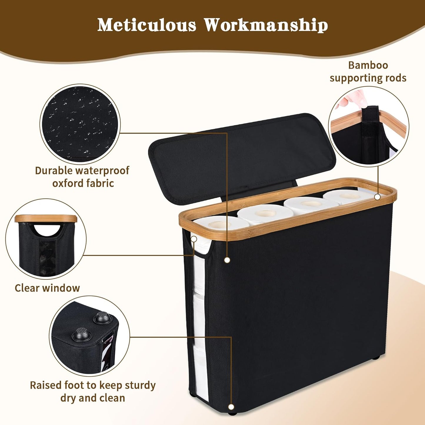 CARLA HOME Toilet Paper Storage Basket Holds Up to 12 Rolls with Bamboo Lid and Handle for RV Closet (Black)-1978962254300844035