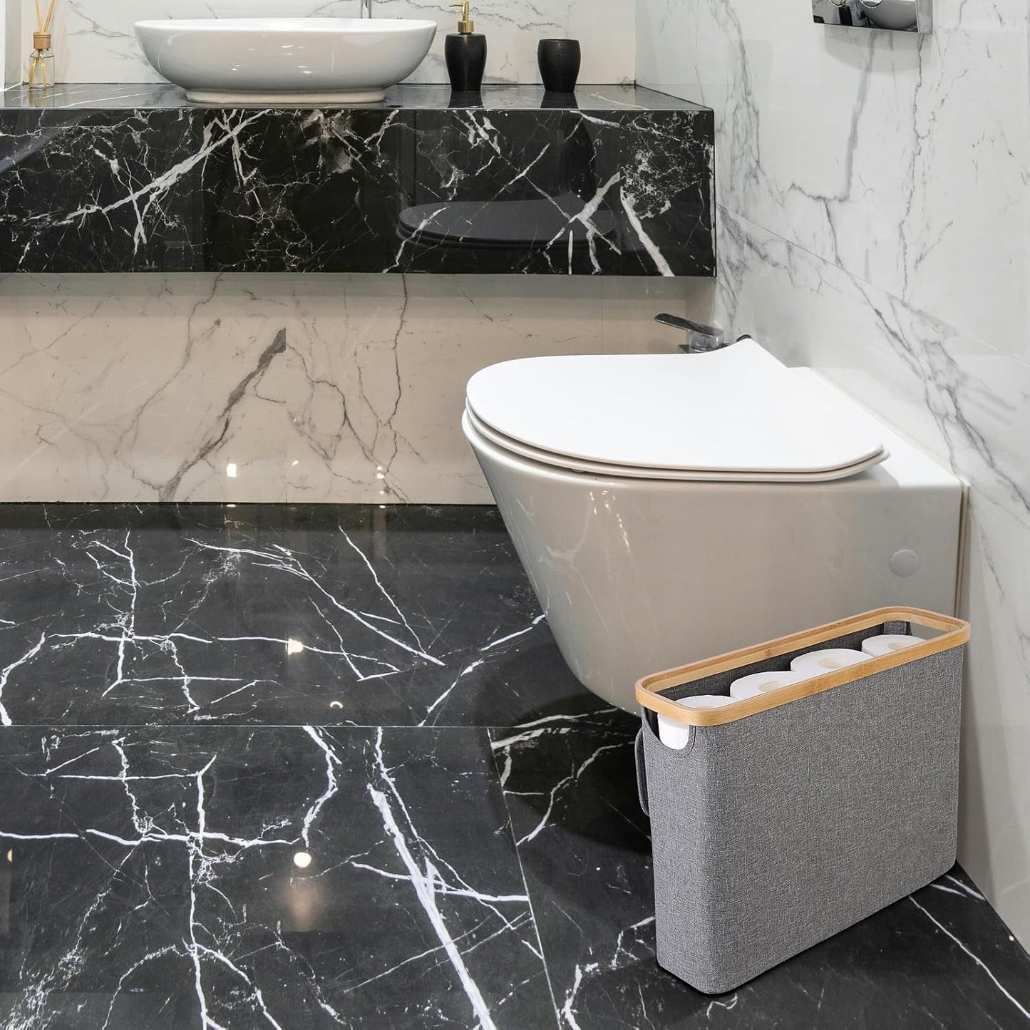 CARLA HOME Toilet Paper Storage Basket Holds Up to 12 Rolls with Bamboo Lid and Handle for RV Closet (Grey)-1978962254481199105