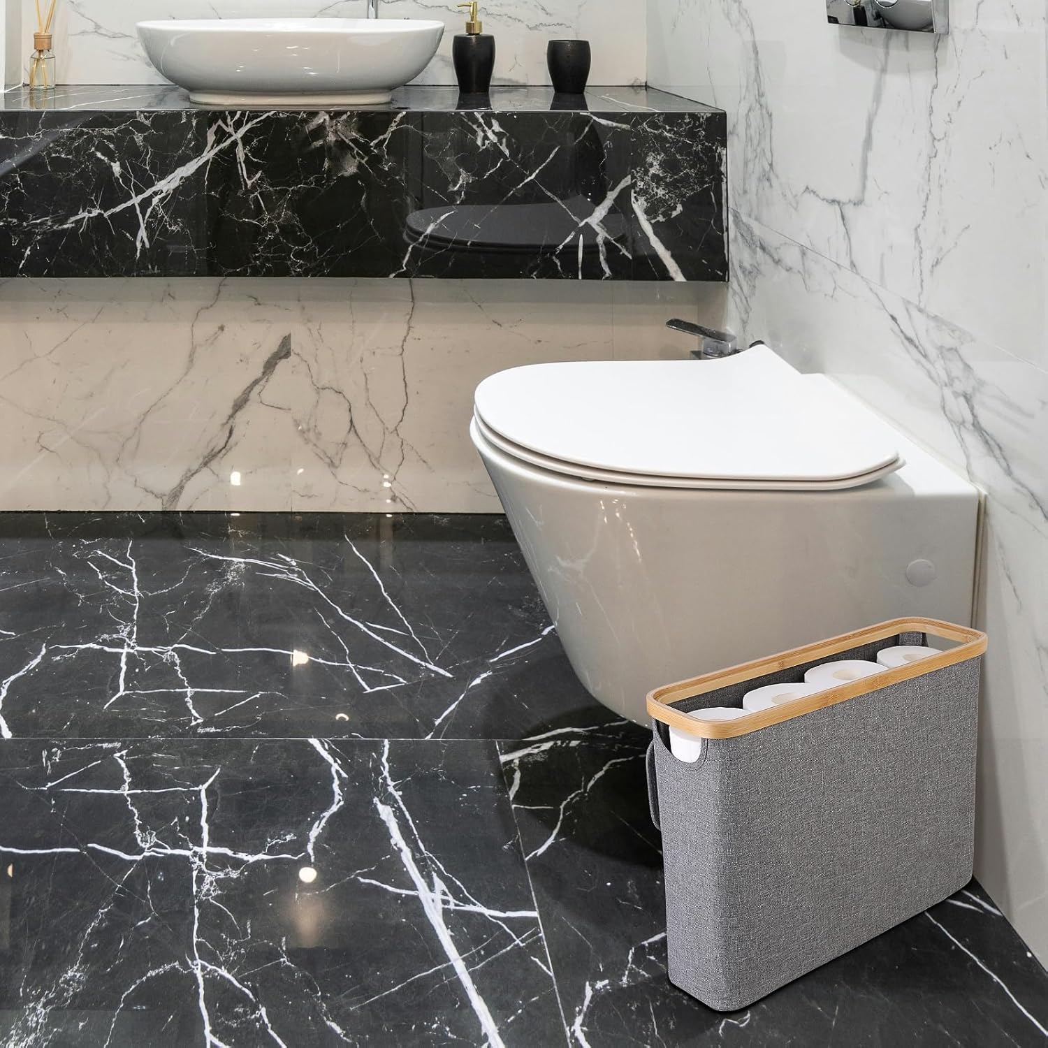 CARLA HOME Toilet Paper Storage Basket Holds Up to 12 Rolls with Bamboo Lid and Handle for RV Closet (Grey)-1978962254481199105