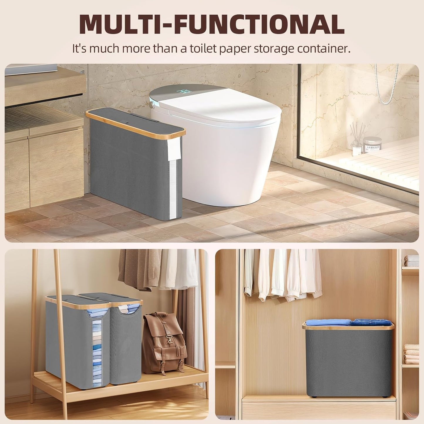 CARLA HOME Toilet Paper Storage Basket Holds Up to 12 Rolls with Bamboo Lid and Handle for RV Closet (Grey)-1978962254481199111