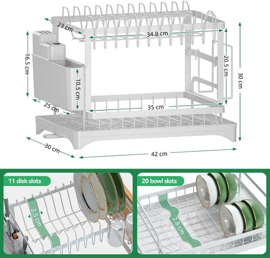 CARLA HOME 2-Tier Dish Drying Rack with Drainage Tray, Utensil Holder, Cup Hooks & Cutting Board Slot for Countertop Kitchen Storage (White)-1978962254820937729