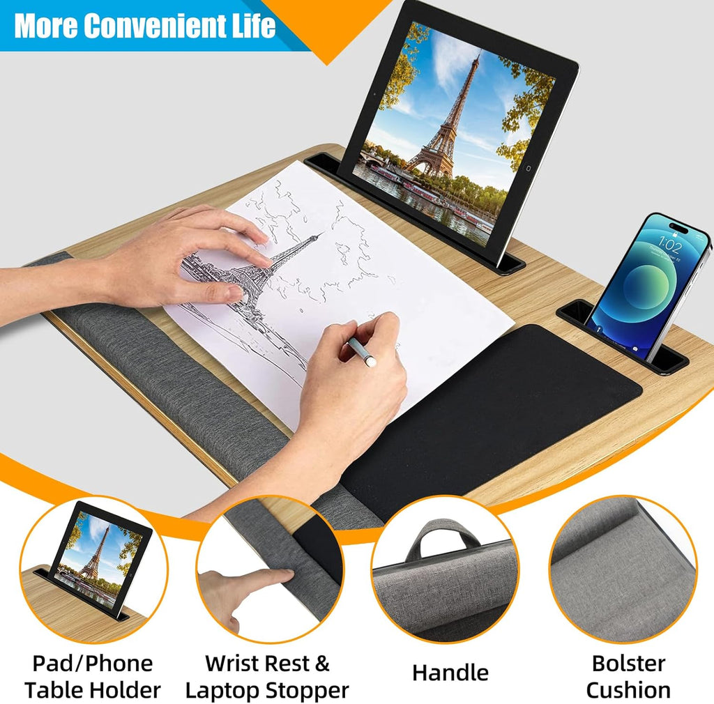 CARLA HOME Oversized Portable Lap Desk with Cushion,Mouse Pad, Tablet and Phone Holder which Fits Up to 17 Inch Laptops for Bed or Sofa (Brown) - Bens Market Place