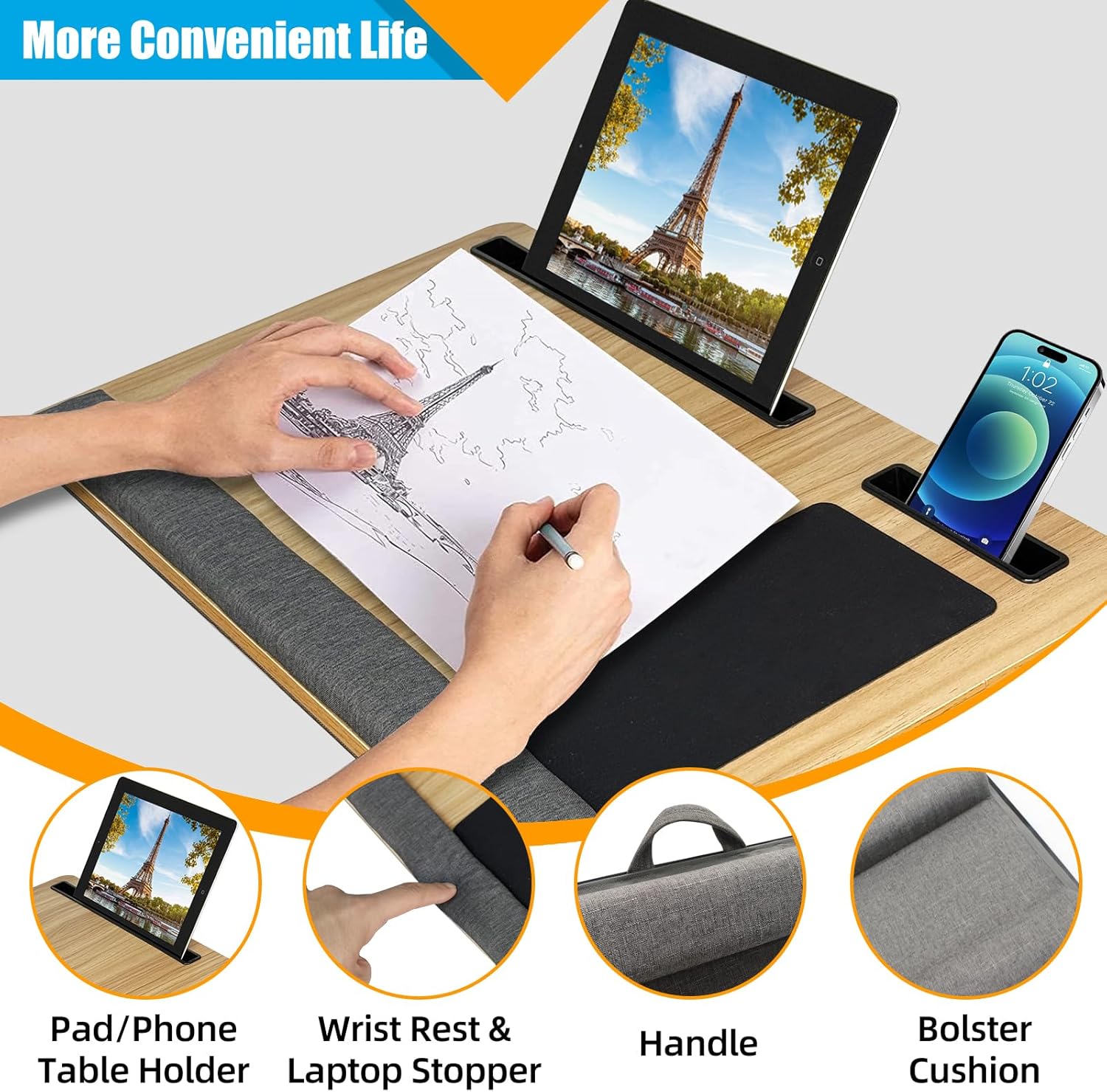 CARLA HOME Oversized Portable Lap Desk with Cushion,Mouse Pad, Tablet and Phone Holder which Fits Up to 17 Inch Laptops for Bed or Sofa (Brown) - Bens Market Place