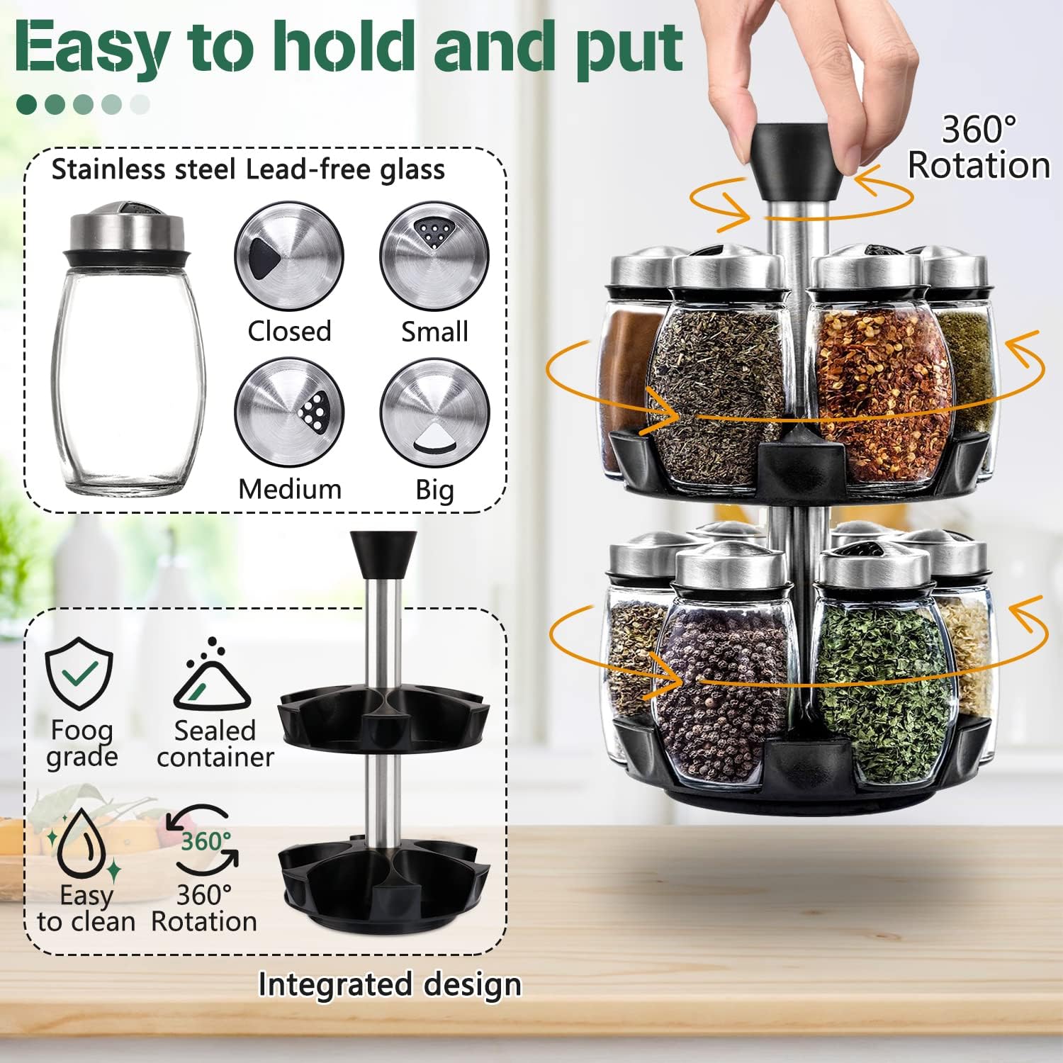 CARLA HOME Rotating Spice Rack Organizer with 16 Glass Jars for Kitchen Seasoning and Herb Storage-1978962255324254211