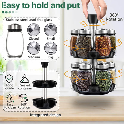 CARLA HOME Rotating Spice Rack Organizer with 16 Glass Jars for Kitchen Seasoning and Herb Storage-1978962255324254211