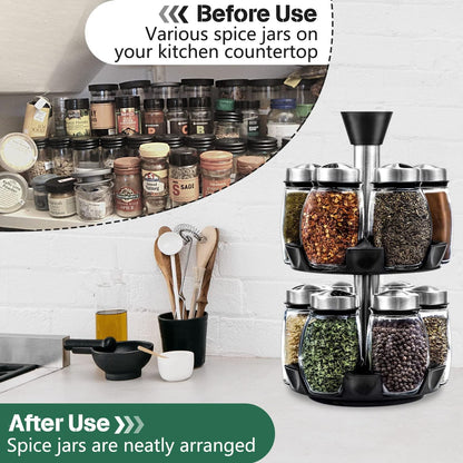 CARLA HOME Rotating Spice Rack Organizer with 16 Glass Jars for Kitchen Seasoning and Herb Storage-1978962255324254212