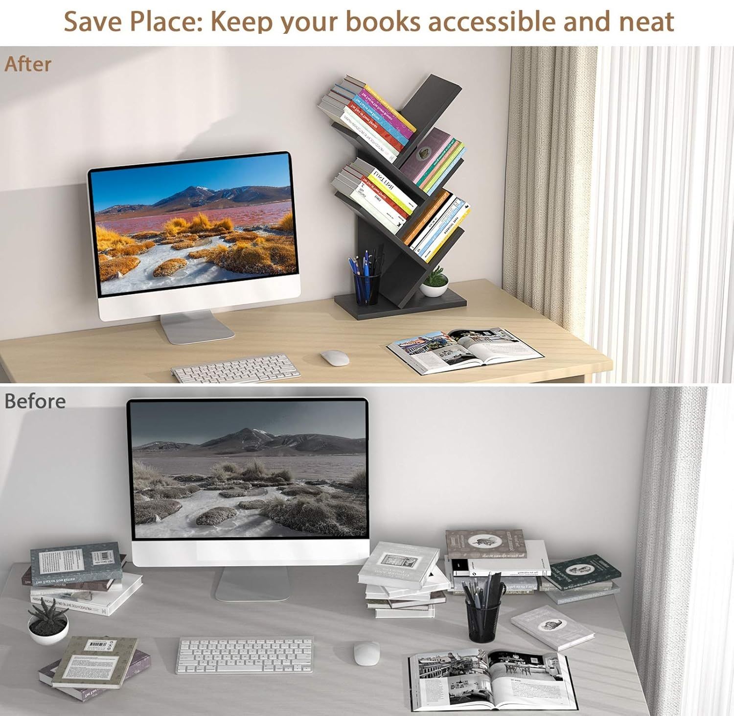 CARLA HOME 5-Tier Tree Bookshelf Storage Rack for Home Office or Bedroom (Black) - Bens Market Place