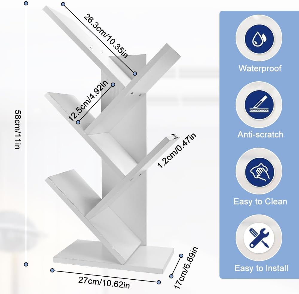 CARLA HOME 5-Tier Tree Bookshelf Storage Rack for Home Office or Bedroom (White) - Bens Market Place