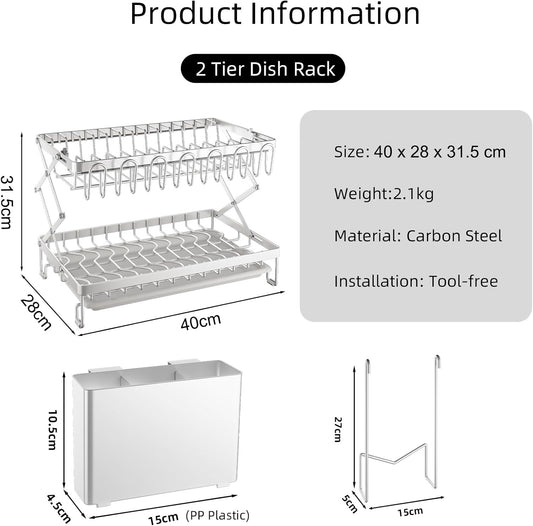 CARLA HOME 2-Tier Dish Drying Rack with Drainage Tray, Utensil Holder, Cup Hooks & Cutting Board Rack for Kitchen (White)-1978962255995342849