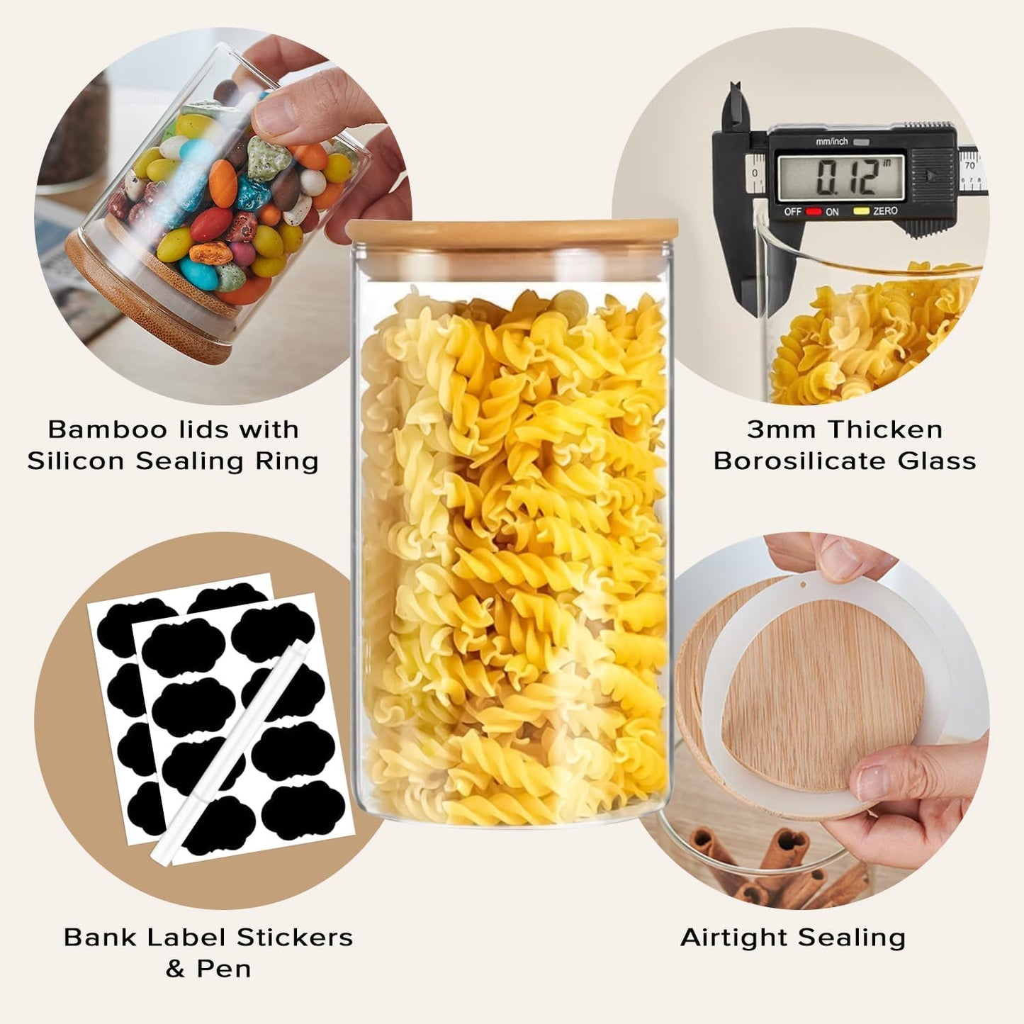 CARLA HOME 6 Pack Glass Storage Jars with Bamboo Lids for Kitchen Pantry, Pasta, Snacks, Cookies, Candy & More-1978962257010364418