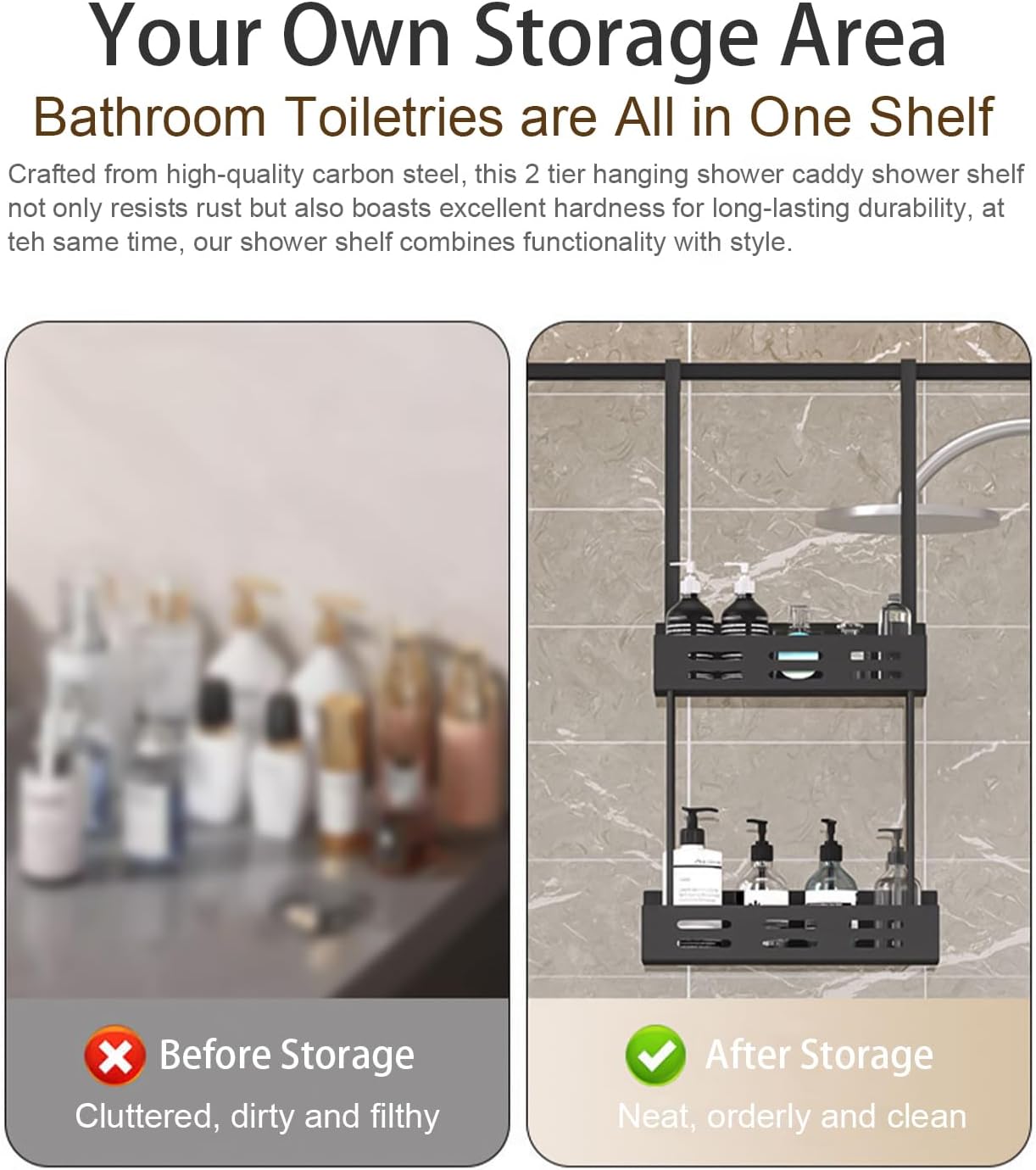 CARLA HOME Over the Door 2-tier Shower Caddy Organizer Shelf with Hooks for Bathroom-1978962257358491651