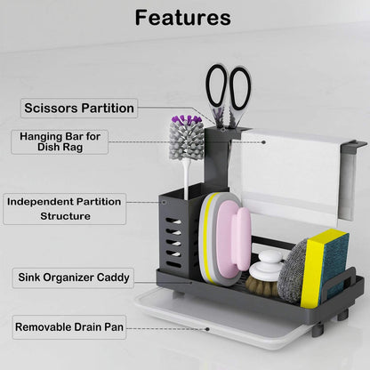 CARLA HOME Kitchen Sink Caddy Organizer with Sponge, Soap & Brush Storage and Rag Rack, Drain Tray & Utensil Holder-1978962257522069507