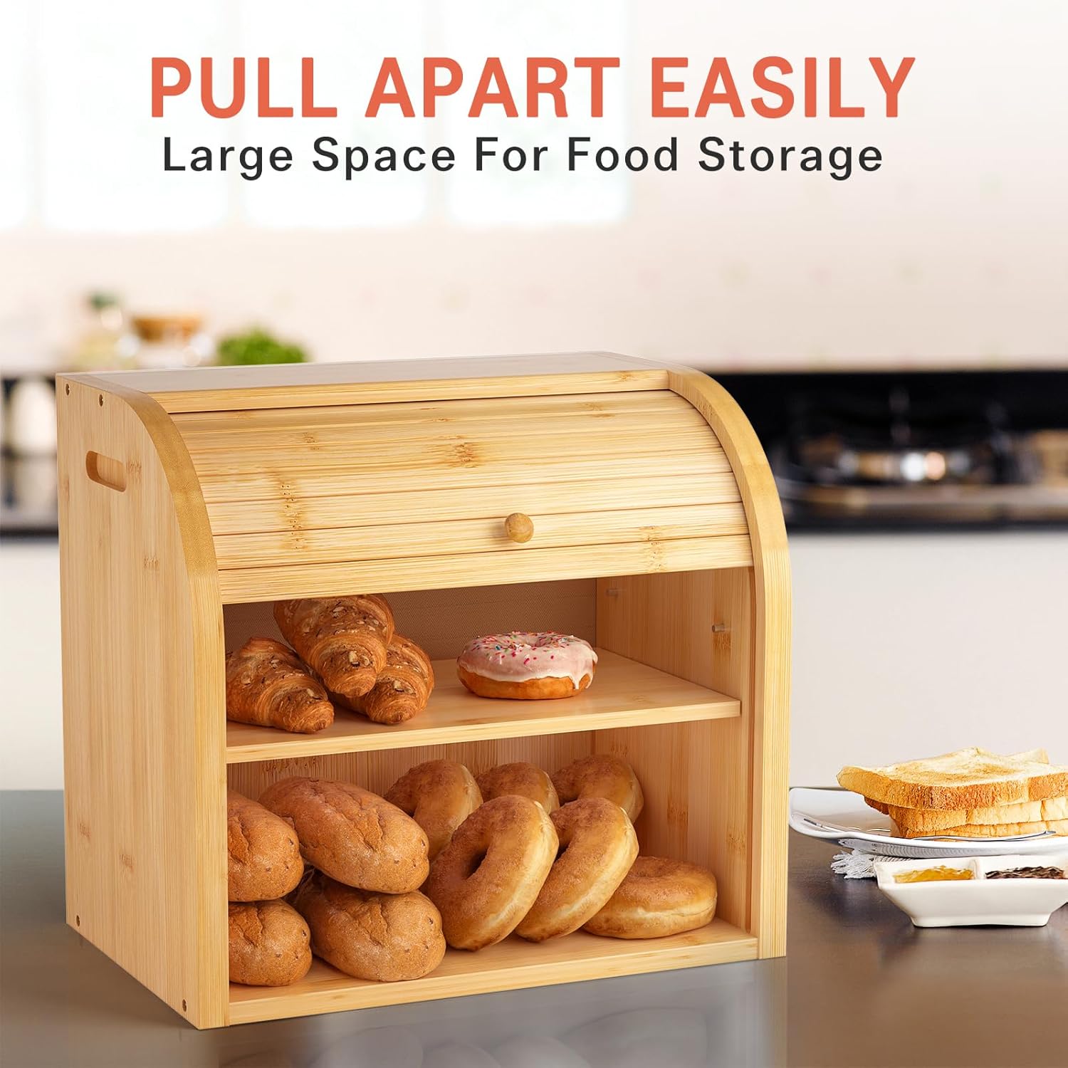 CARLA HOME Large Bamboo Bread Box Storage Organizer with Roll Top for Kitchen Counter-1978962257689841667