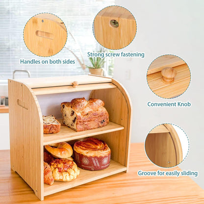 CARLA HOME Large Bamboo Bread Box Storage Organizer with Roll Top for Kitchen Counter-1978962257689841668