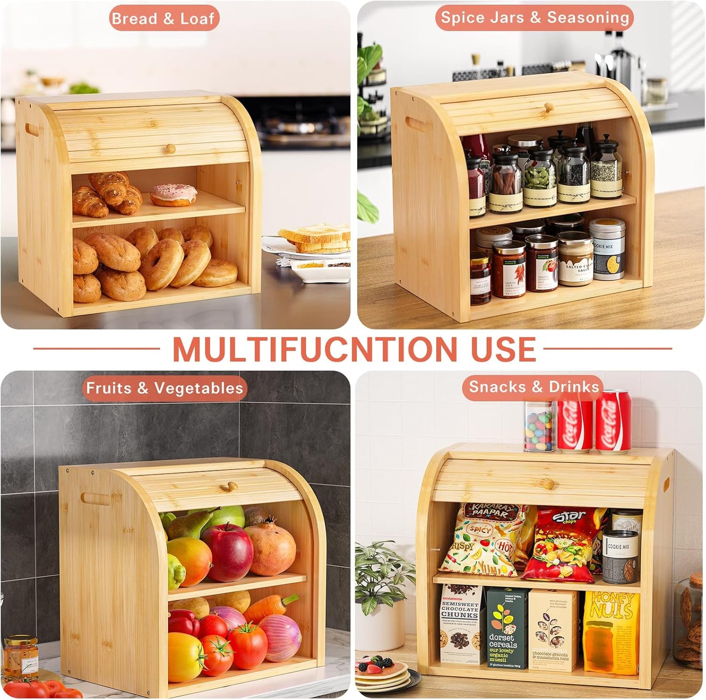 CARLA HOME Large Bamboo Bread Box Storage Organizer with Roll Top for Kitchen Counter-1978962257689841670