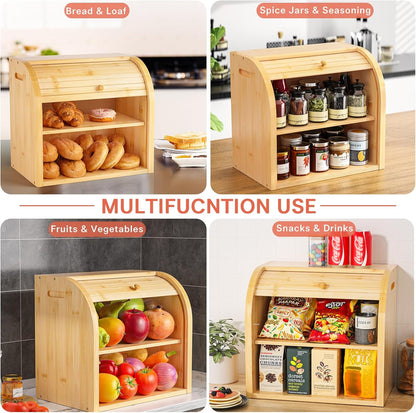 CARLA HOME Large Bamboo Bread Box Storage Organizer with Roll Top for Kitchen Counter-1978962257689841670