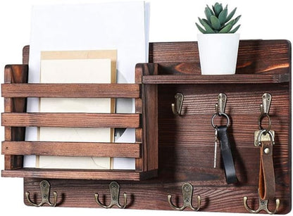 CARLA HOME Rustic Wood Wall Mounted Key and Mail Holder Organizer with Shelf, Letter Slot & 6 Hooks for Entryway Decor Home-1978962258365124608