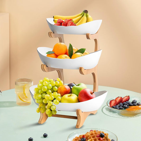 CARLA HOME 3-Tier Ceramic Fruit Bowl Basket with Bamboo Stand for Kitchen Counter, Snack Tray, Dessert Server & Vegetable Storage Rack-1978962258746806273