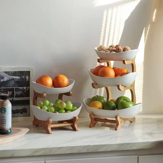 CARLA HOME 2-Tier Ceramic Fruit Bowl Basket with Bamboo Stand for Kitchen Counter, Snack Tray, Dessert Server & Vegetable Storage Rack-1978962258918772737