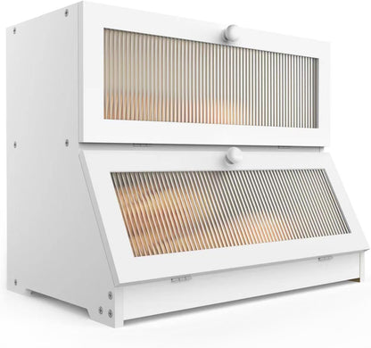 CARLA HOME Double Layer Bamboo Bread Box for Kitchen Counter - Large Capacity Bread Storage Container with Clear Window, Easy Assembly, Farmhouse Style Bread Holder (White)-1978962259090739200