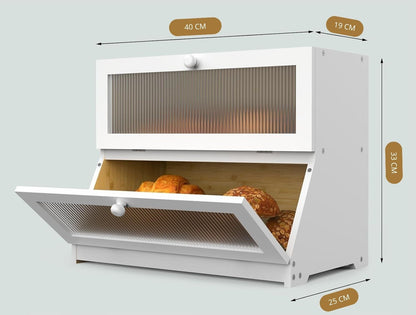 CARLA HOME Double Layer Bamboo Bread Box for Kitchen Counter - Large Capacity Bread Storage Container with Clear Window, Easy Assembly, Farmhouse Style Bread Holder (White)-1978962259090739201