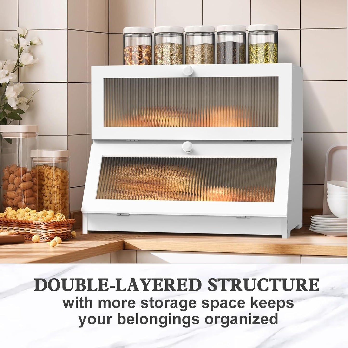 CARLA HOME Double Layer Bamboo Bread Box for Kitchen Counter - Large Capacity Bread Storage Container with Clear Window, Easy Assembly, Farmhouse Style Bread Holder (White)-1978962259090739202