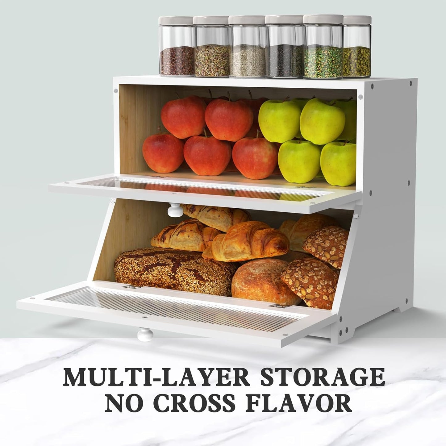 CARLA HOME Double Layer Bamboo Bread Box for Kitchen Counter - Large Capacity Bread Storage Container with Clear Window, Easy Assembly, Farmhouse Style Bread Holder (White)-1978962259090739205