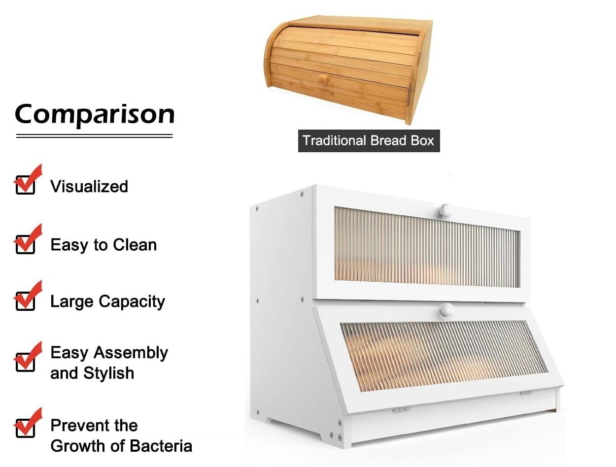 CARLA HOME Double Layer Bamboo Bread Box for Kitchen Counter - Large Capacity Bread Storage Container with Clear Window, Easy Assembly, Farmhouse Style Bread Holder (White)-1978962259090739207