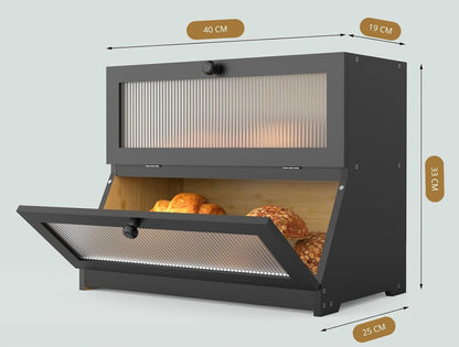 CARLA HOME Double Layer Bamboo Bread Box for Kitchen Counter - Large Capacity Bread Storage Container with Clear Window, Easy Assembly, Farmhouse Style Bread Holder (Black)-1978962259262705665