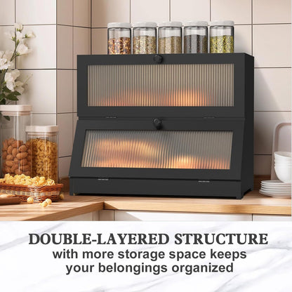 CARLA HOME Double Layer Bamboo Bread Box for Kitchen Counter - Large Capacity Bread Storage Container with Clear Window, Easy Assembly, Farmhouse Style Bread Holder (Black)-1978962259262705666