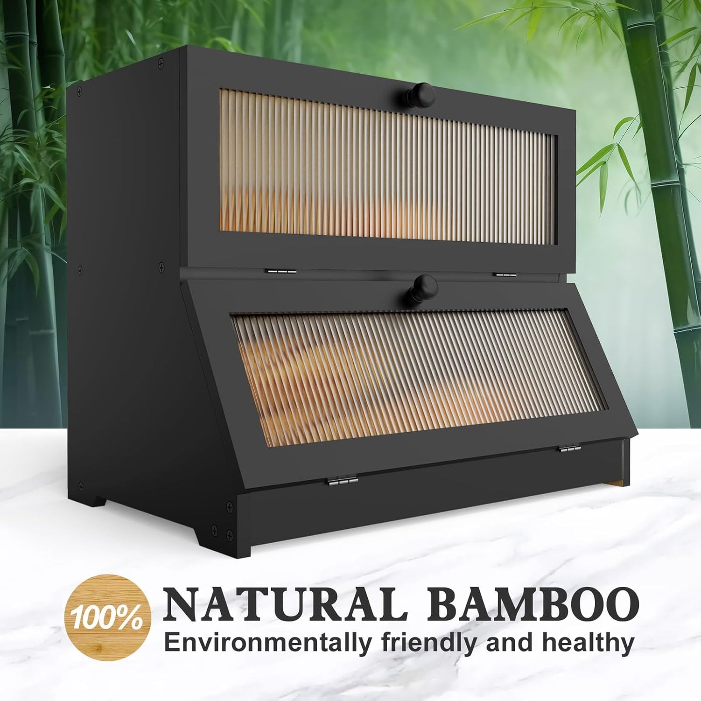 CARLA HOME Double Layer Bamboo Bread Box for Kitchen Counter - Large Capacity Bread Storage Container with Clear Window, Easy Assembly, Farmhouse Style Bread Holder (Black)-1978962259262705668