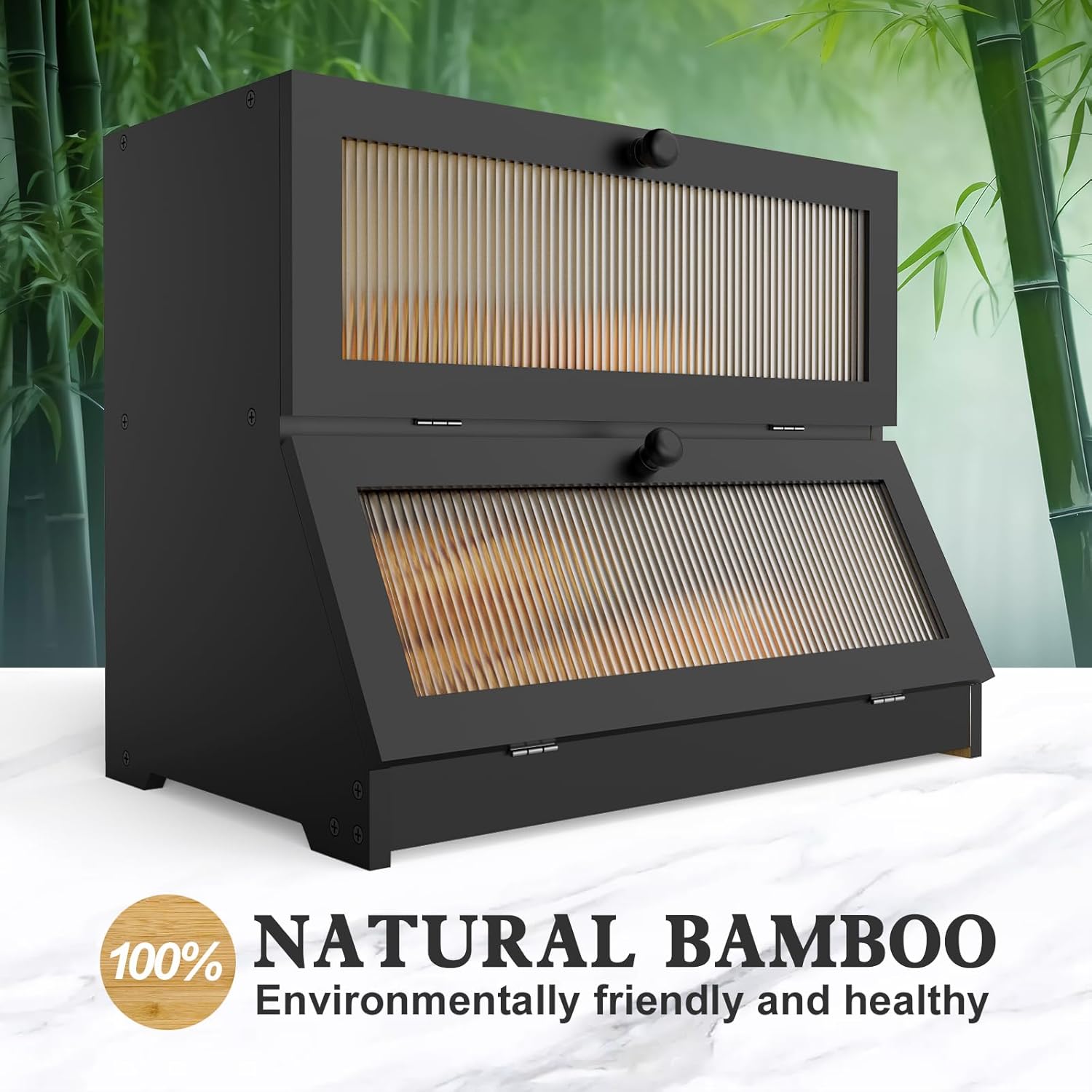 CARLA HOME Double Layer Bamboo Bread Box for Kitchen Counter - Large Capacity Bread Storage Container with Clear Window, Easy Assembly, Farmhouse Style Bread Holder (Black)-1978962259262705668