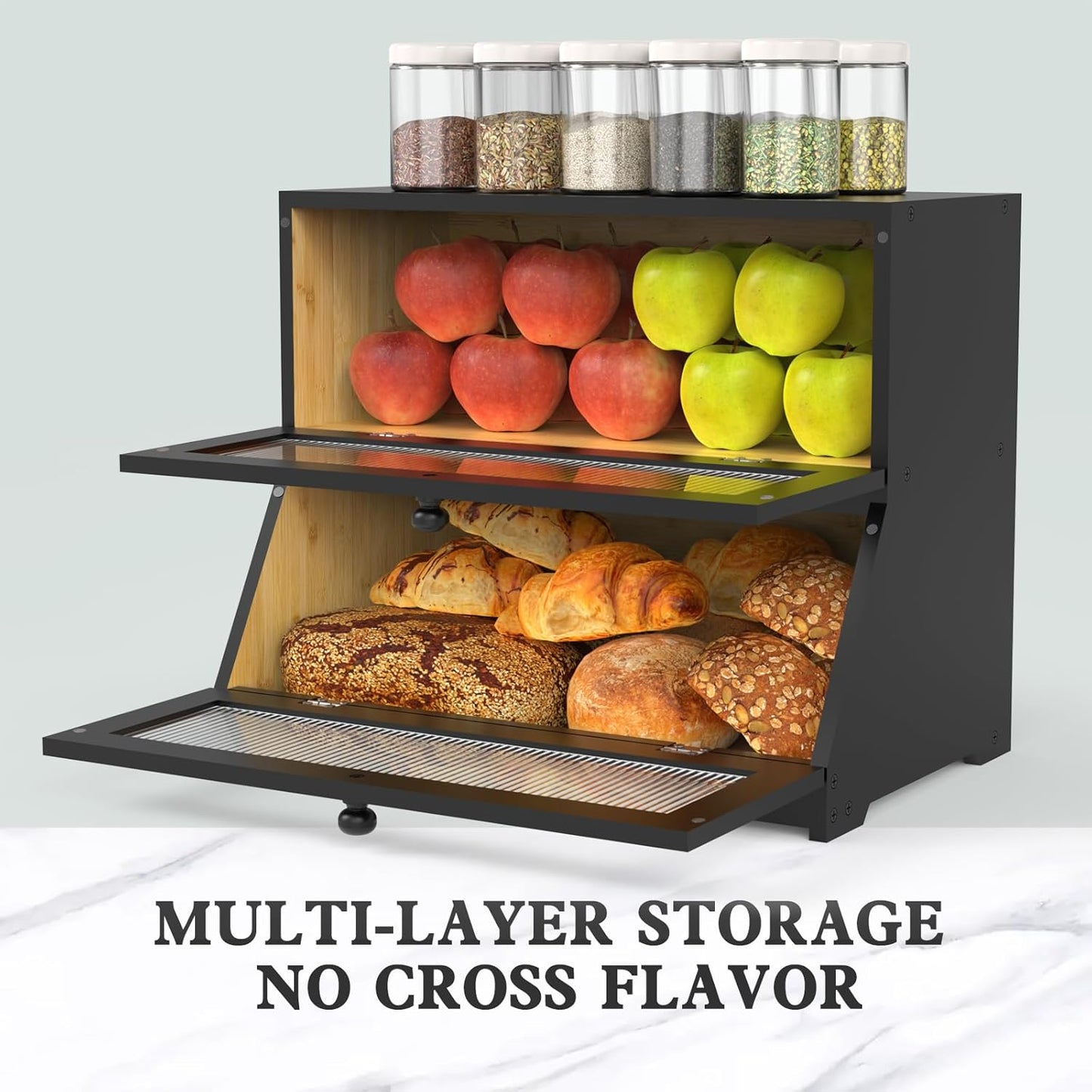 CARLA HOME Double Layer Bamboo Bread Box for Kitchen Counter - Large Capacity Bread Storage Container with Clear Window, Easy Assembly, Farmhouse Style Bread Holder (Black)-1978962259262705669