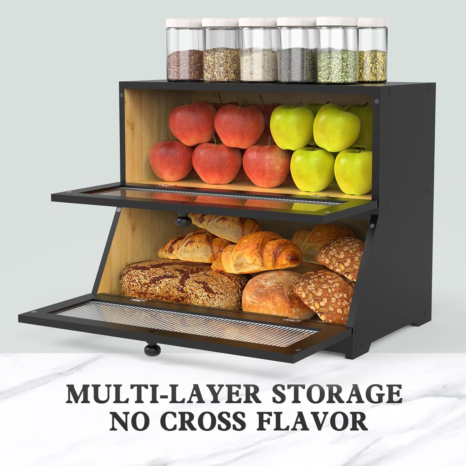 CARLA HOME Double Layer Bamboo Bread Box for Kitchen Counter - Large Capacity Bread Storage Container with Clear Window, Easy Assembly, Farmhouse Style Bread Holder (Black)-1978962259262705669