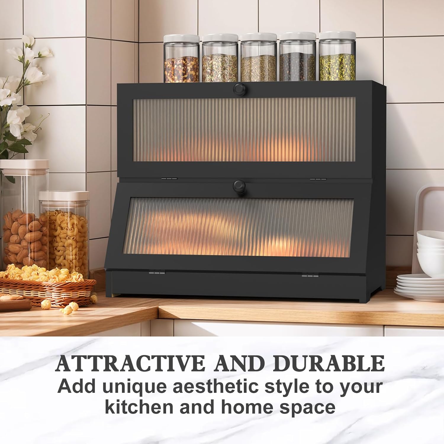 CARLA HOME Double Layer Bamboo Bread Box for Kitchen Counter - Large Capacity Bread Storage Container with Clear Window, Easy Assembly, Farmhouse Style Bread Holder (Black)-1978962259262705670