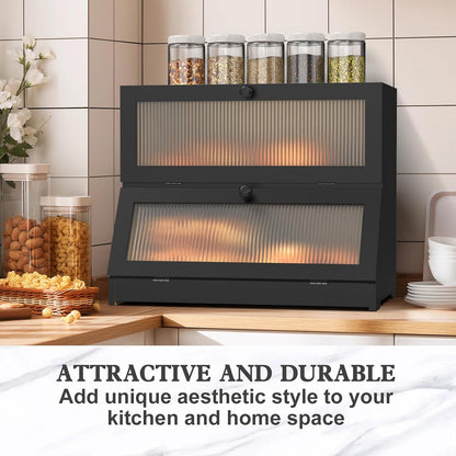CARLA HOME Double Layer Bamboo Bread Box for Kitchen Counter - Large Capacity Bread Storage Container with Clear Window, Easy Assembly, Farmhouse Style Bread Holder (Black)-1978962259262705670