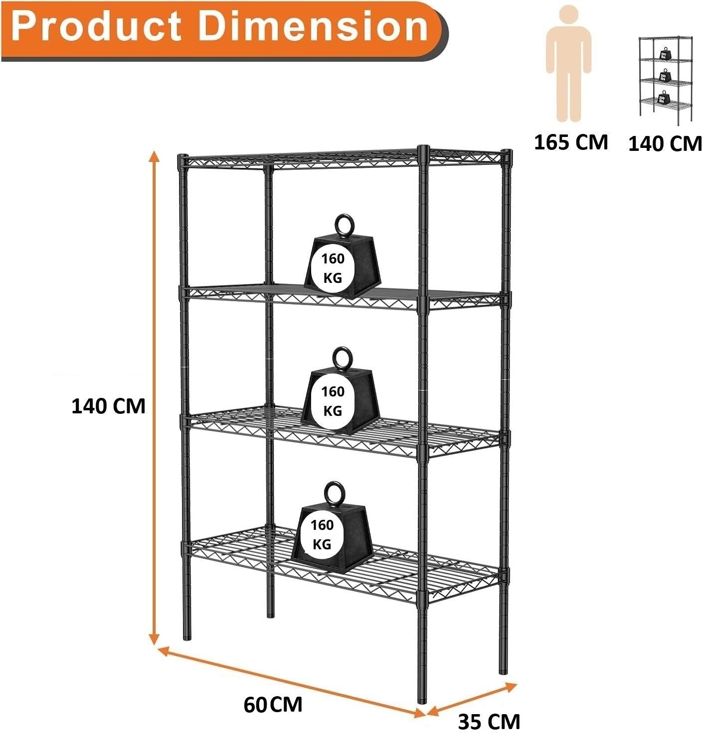 CARLA HOME 4-Tier Adjustable Metal Storage Shelves Wire Rack Organizer for Kitchen, Pantry, Bathroom or Laundry Room (60cm W x 40cm D x 140 cm H)-1978962259929600009