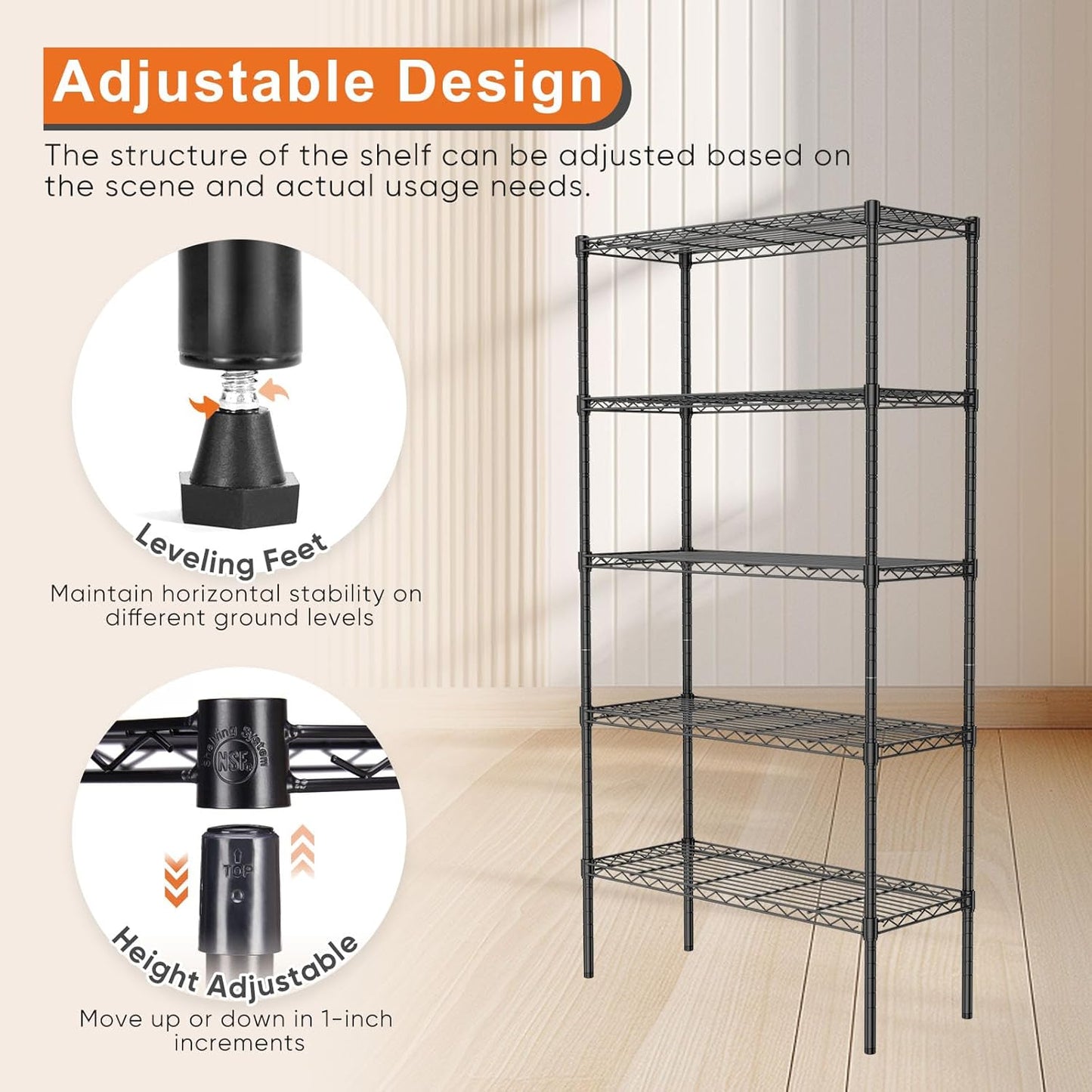 CARLA HOME 5-Tier Adjustable Metal Storage Shelves Wire Rack Organizer for Kitchen, Pantry, Bathroom or Laundry Room (60cm W x 40cm D x 145cm H)-1978962260097372164